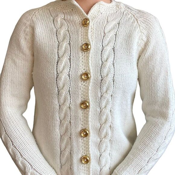 Vintage 80s Womens Hand Knit White Acrylic Chunky Cable Preppy Cardigan Sz M - Picture 5 of 5
